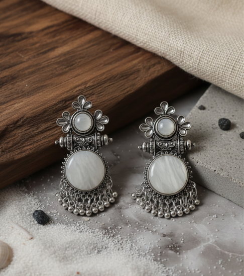 Elegant Ethnic White Round Stone Earrings
