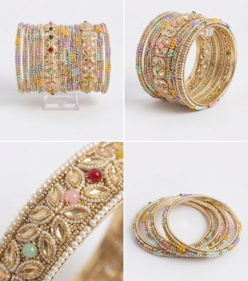 Multi-Colored Pearl Studded Gold-Plated Bangle Set