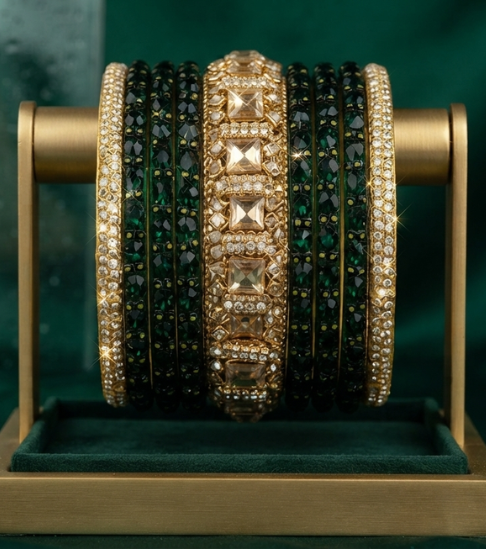 Artisan Crafted Green Crystal Statement Bangle Stack