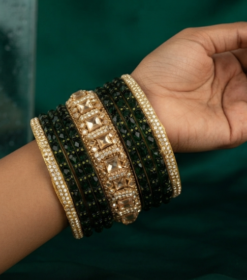 Artisan Crafted Green Crystal Statement Bangle Stack