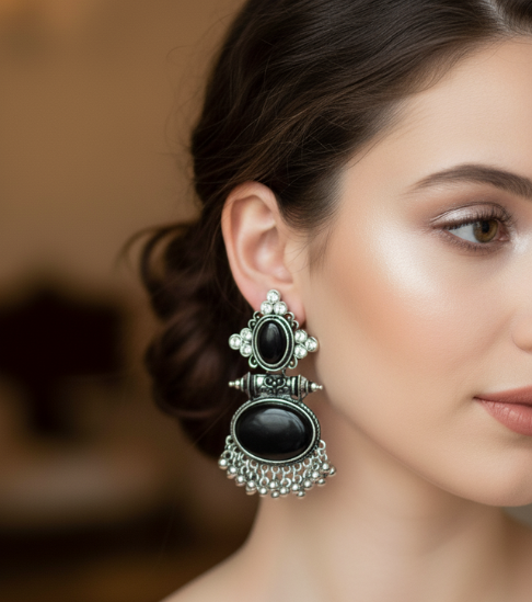 Elegant Ethnic Black Round Stone Earrings