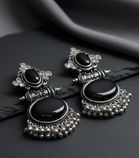 Elegant Ethnic Black Round Stone Earrings