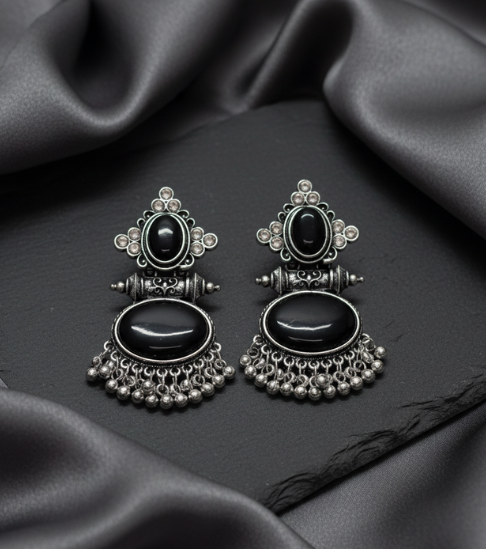 Elegant Ethnic Black Round Stone Earrings