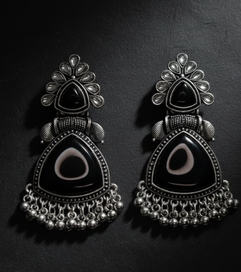 Elegant Ethnic Black Triangle Stone Earrings