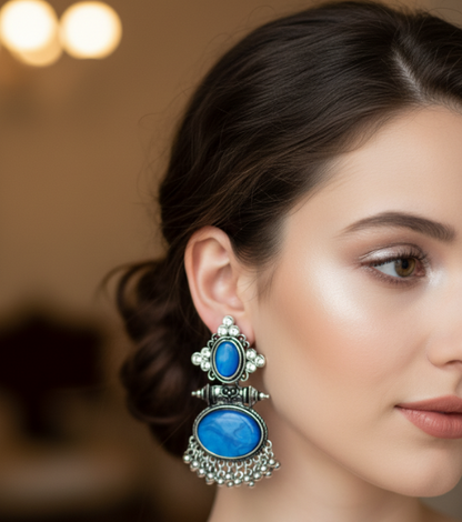 Elegant Ethnic Blue Round Stone Earrings