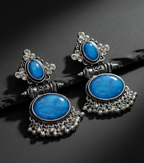 Elegant Ethnic Blue Round Stone Earrings