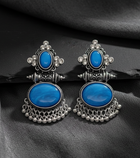 Elegant Ethnic Blue Round Stone Earrings