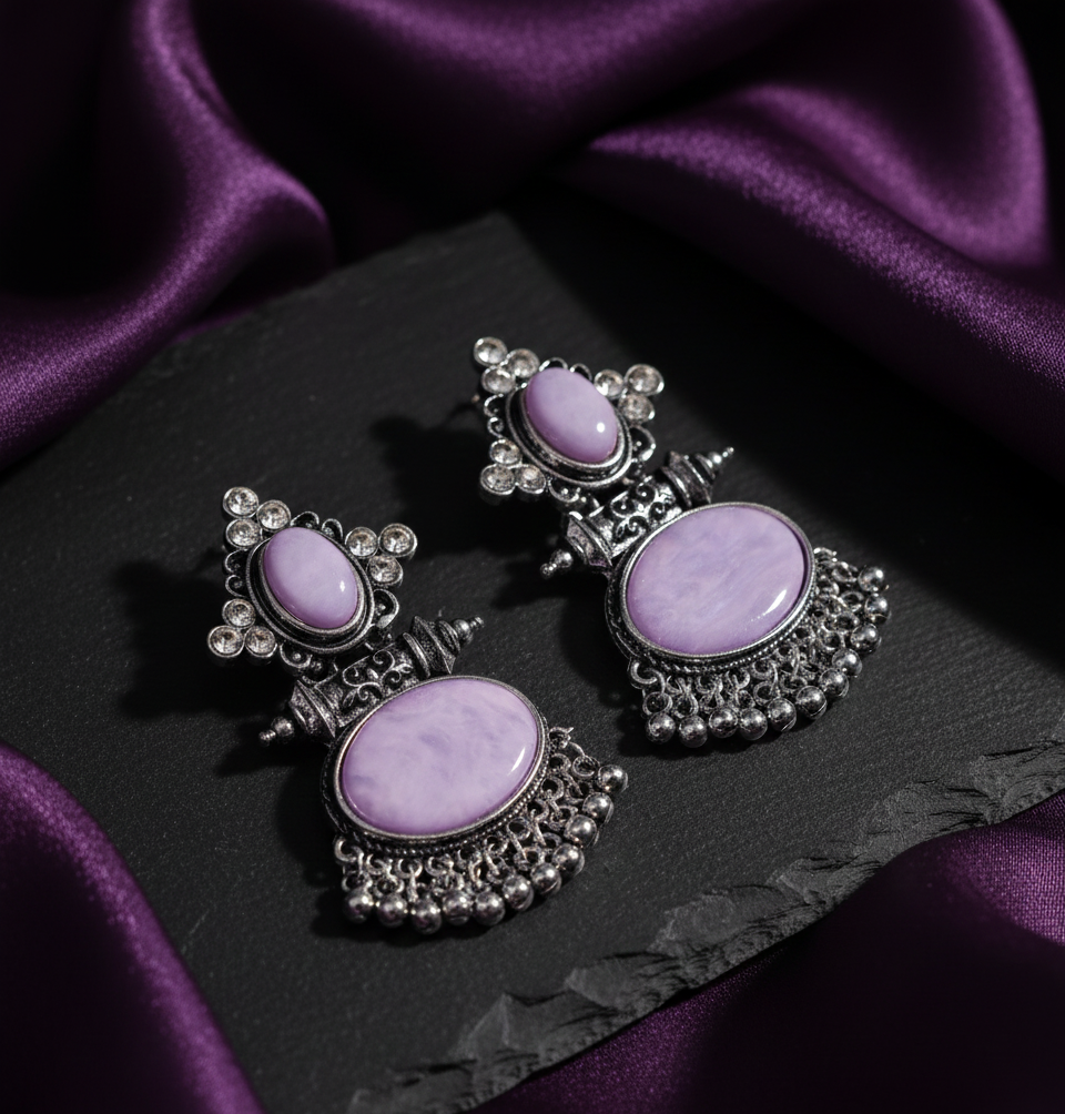 Elegant Ethnic Purple Round Stone Earrings