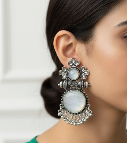 Elegant Ethnic White Round Stone Earrings
