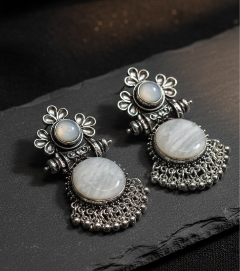 Elegant Ethnic White Round Stone Earrings