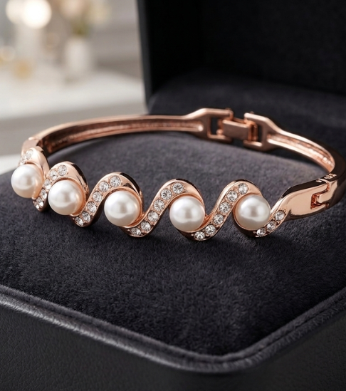 Elegant Rose Gold Wave Bracelet with Pearl