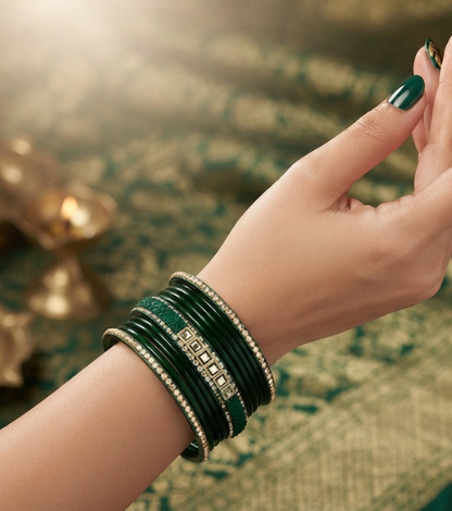 Lakh Bangle Set with Mirror-Work & Kundan Stone Border