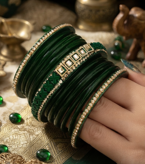 Lakh Bangle Set with Mirror-Work & Kundan Stone Border
