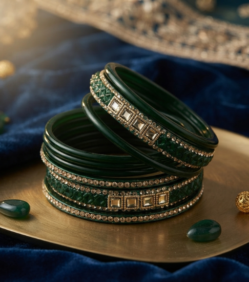 Lakh Bangle Set with Mirror-Work & Kundan Stone Border