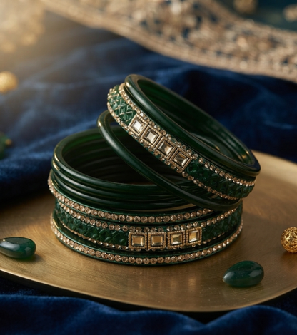 Lakh Bangle Set with Mirror-Work & Kundan Stone Border