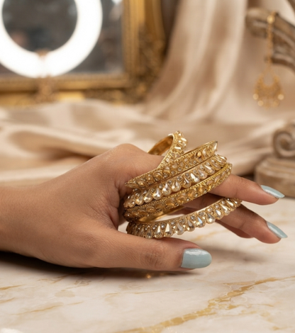 Golden Crystal Leaf Studded Kadas (Set of 4)