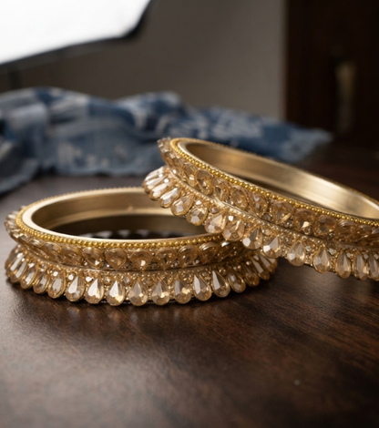 Golden Crystal Leaf Studded Kadas (Set of 4)