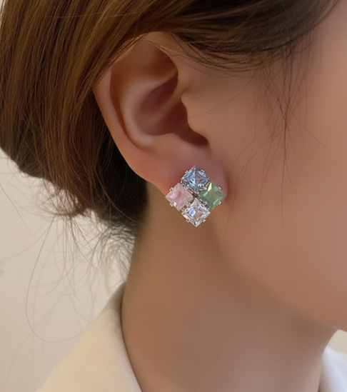 Multicolor Square Stone Stud Earrings