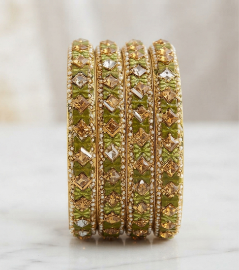 Gold-Tone Geometric Crystal Bangle Set in Olive Green
