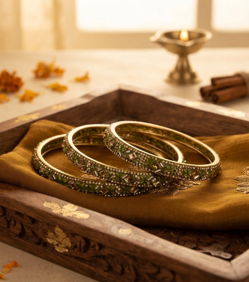 Gold-Tone Geometric Crystal Bangle Set in Olive Green