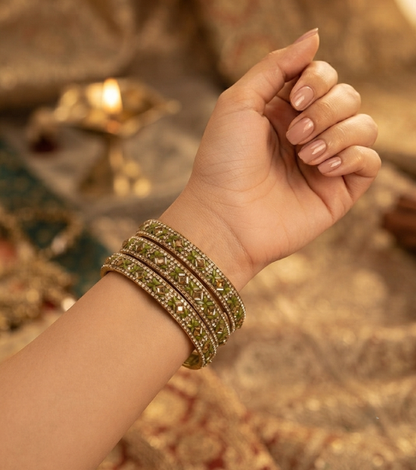 Gold-Tone Geometric Crystal Bangle Set in Olive Green