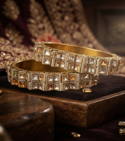 Golden Square Stone Studded Kada Bangles – Mirror Work