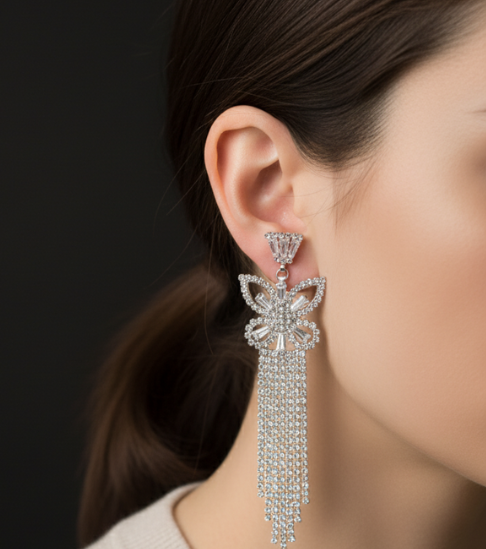 Stylish Silver Butterfly Earrings with Stone Drops