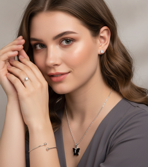 Trendy Silver Black Butterfly Pendant Set