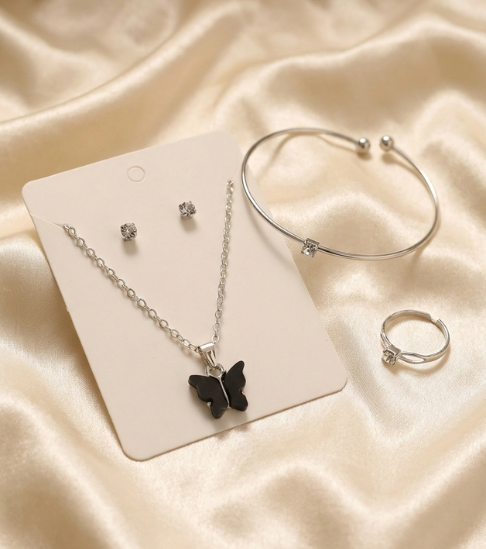 Trendy Silver Black Butterfly Pendant Set
