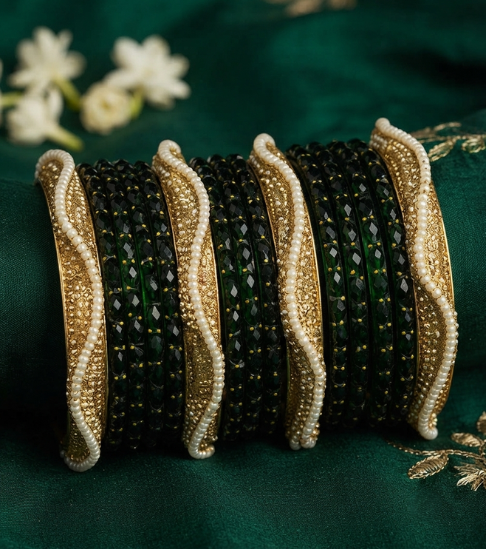 Sawan Royal Glass Set with Wavy Pearl Borders