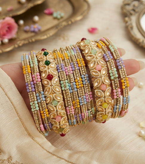 Multi-Colored Pearl Studded Gold-Plated Bangle Set