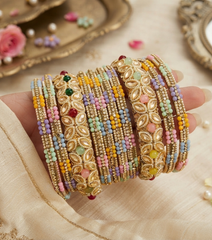 Multi-Colored Pearl Studded Gold-Plated Bangle Set