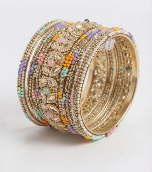 Multi-Colored Pearl Studded Gold-Plated Bangle Set