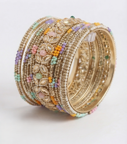 Multi-Colored Pearl Studded Gold-Plated Bangle Set