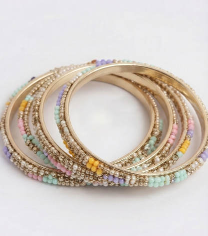 Multi-Colored Pearl Studded Gold-Plated Bangle Set