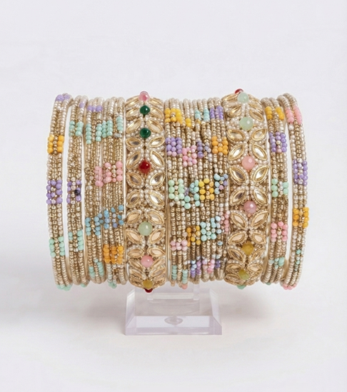 Multi-Colored Pearl Studded Gold-Plated Bangle Set