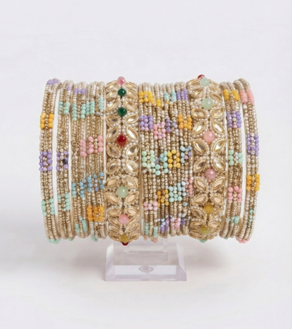 Multi-Colored Pearl Studded Gold-Plated Bangle Set