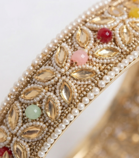 Multi-Colored Pearl Studded Gold-Plated Bangle Set